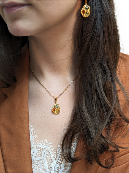 Be-Jewelled Baltic Amber Pendant Necklace, Gold/Multi - view 2, Cognac, Lemon, Green
