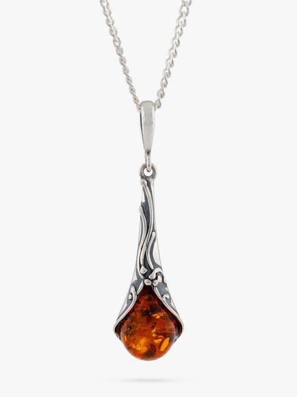 Be-Jewelled Baltic Amber Art Nouveau Drop Pendant Necklace, Silver, Silver