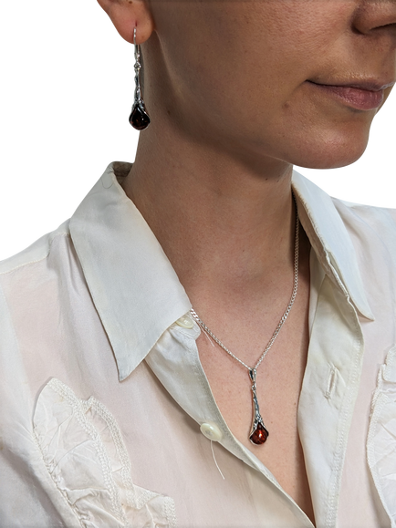 Be-Jewelled Baltic Amber Art Nouveau Drop Pendant Necklace, Silver - view 2, Silver