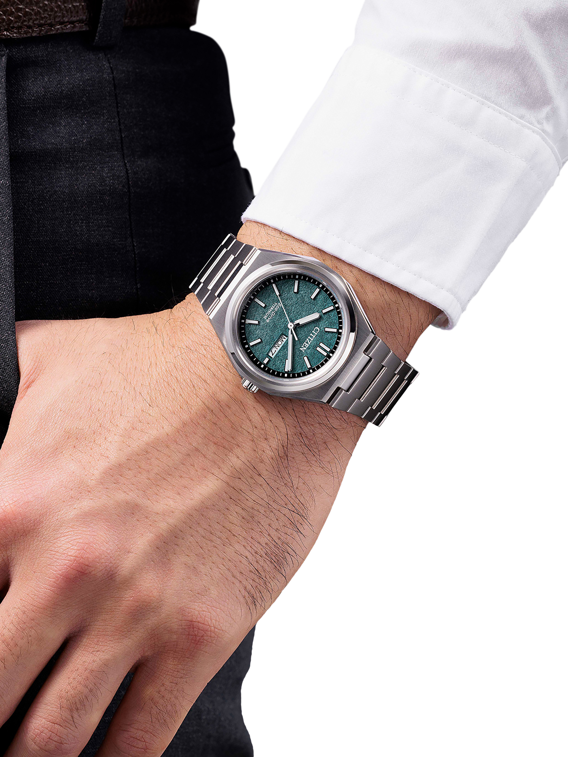 Product image 4 of 4, which shows Citizen Men's Zenshin Super Titanium Eco-Drive Bracelet Strap Watch, Silver/Green AW0130-85X