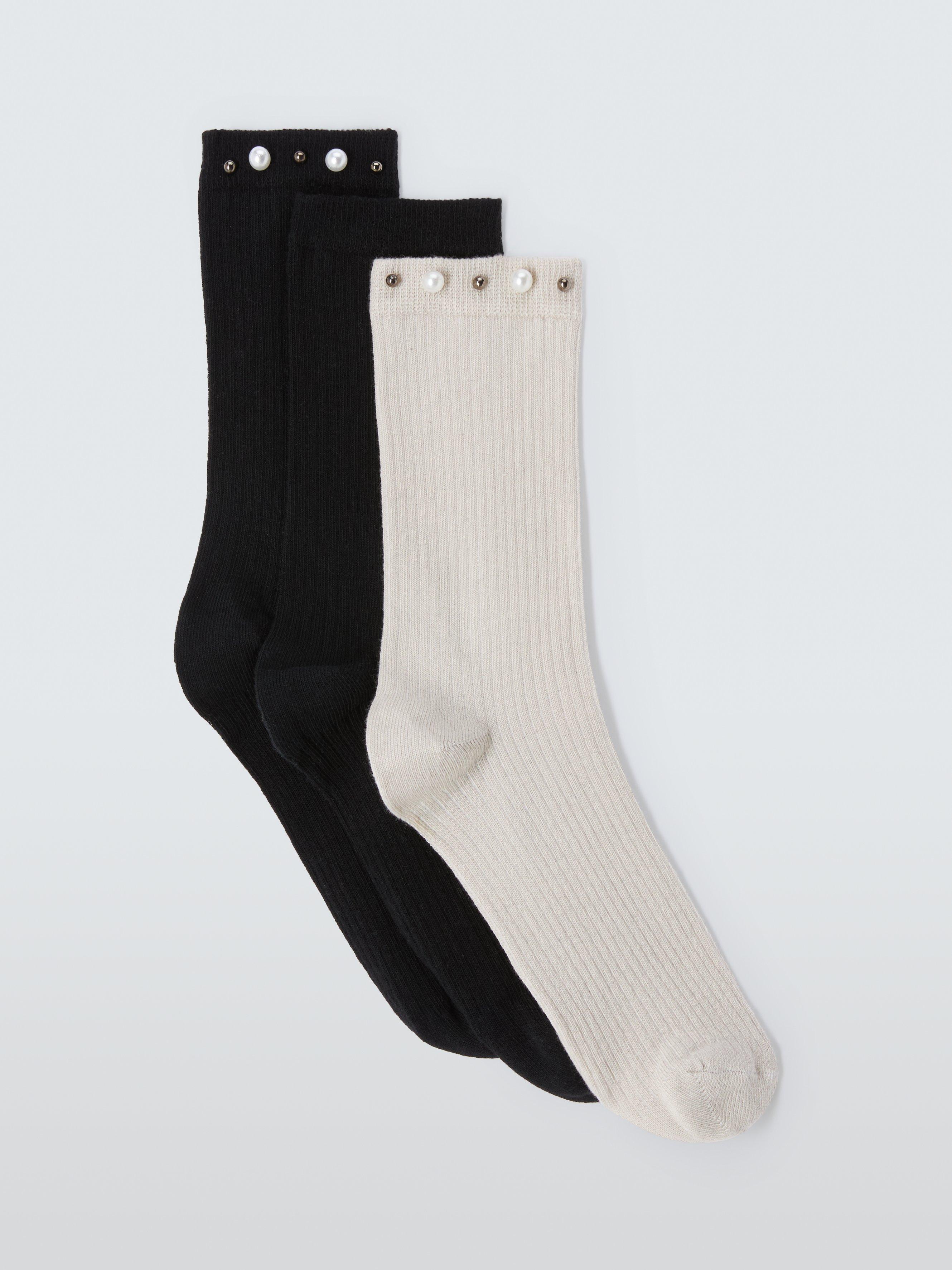 Product image 1 of 2, which shows John Lewis Faux Pearl Embellished Ankle Socks, Pack of 3, Black/Multi, One Size
