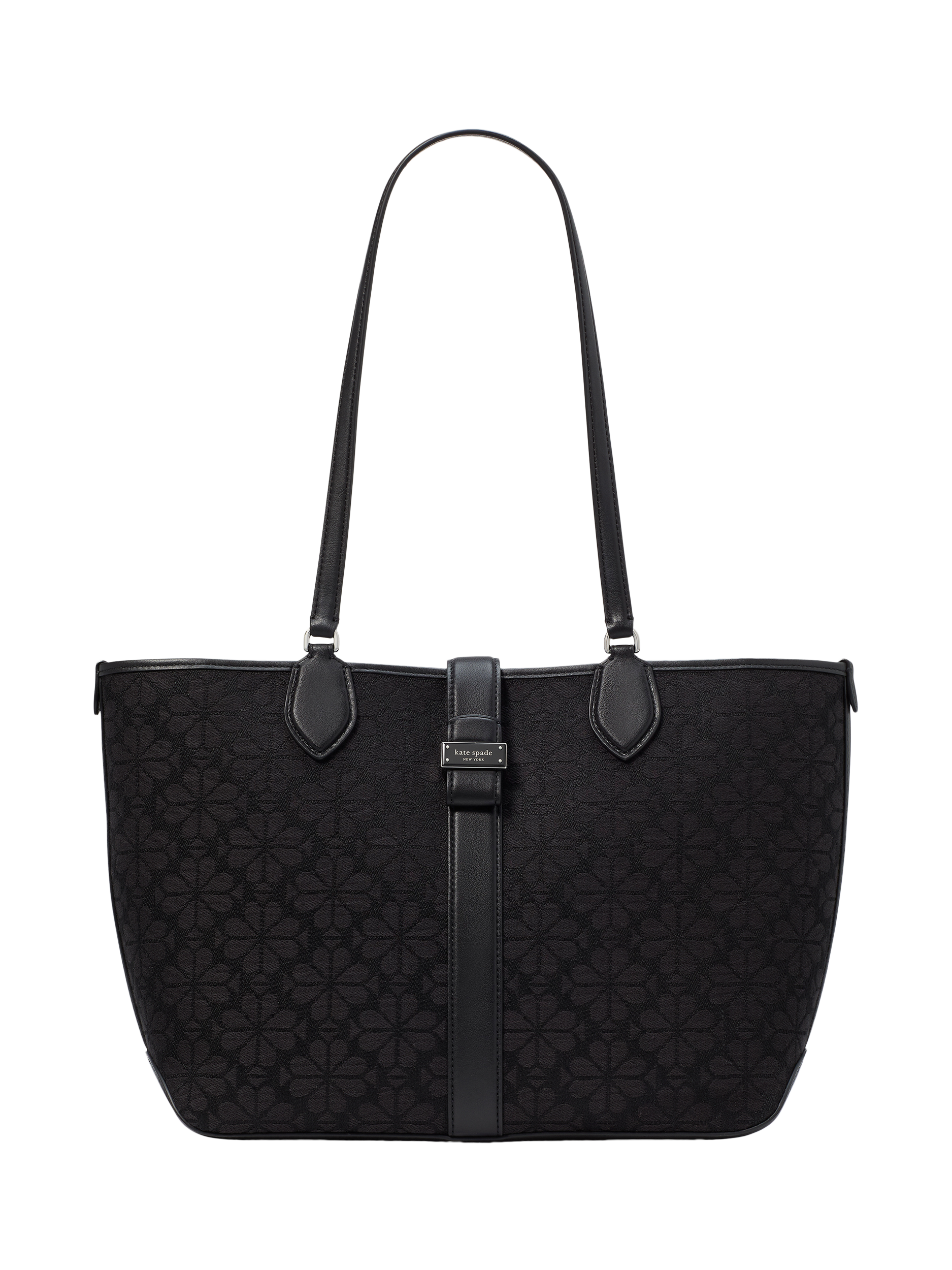 Product image 1 of 5, which shows kate spade new york Leather Trim Flower Jacquard Medium Tote Bag, Black/Multi