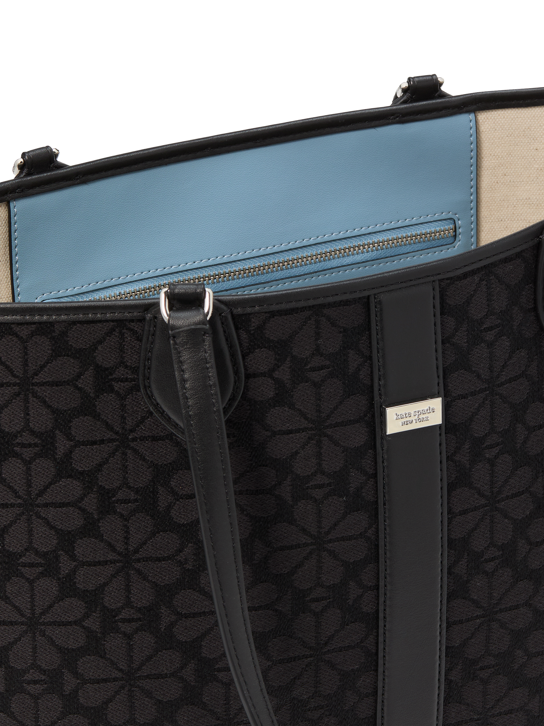 Product image 5 of 5, which shows kate spade new york Leather Trim Flower Jacquard Medium Tote Bag, Black/Multi