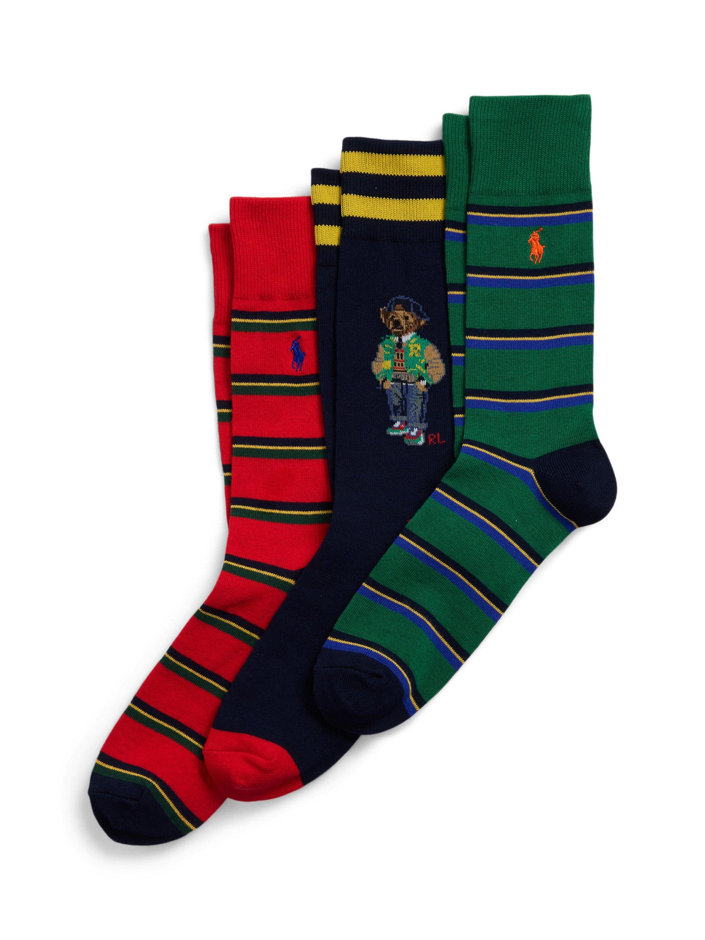 Ralph Lauren Bear Stripe Socks Gift Set Pack of 3 One Size Multi