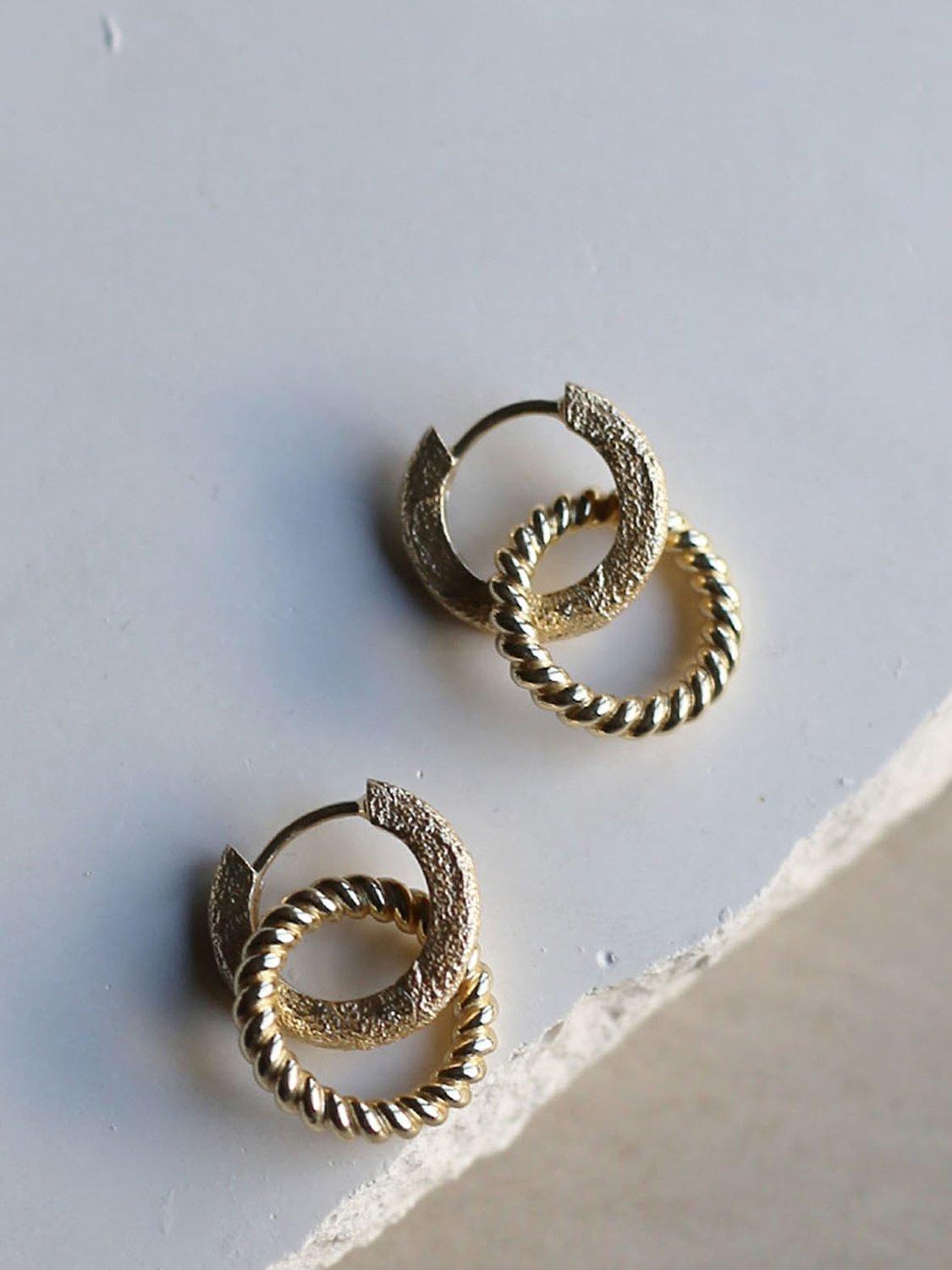 Product image 3 of 5, which shows Tutti & Co Amber Texured Double Ring Drop Earrings, Gold