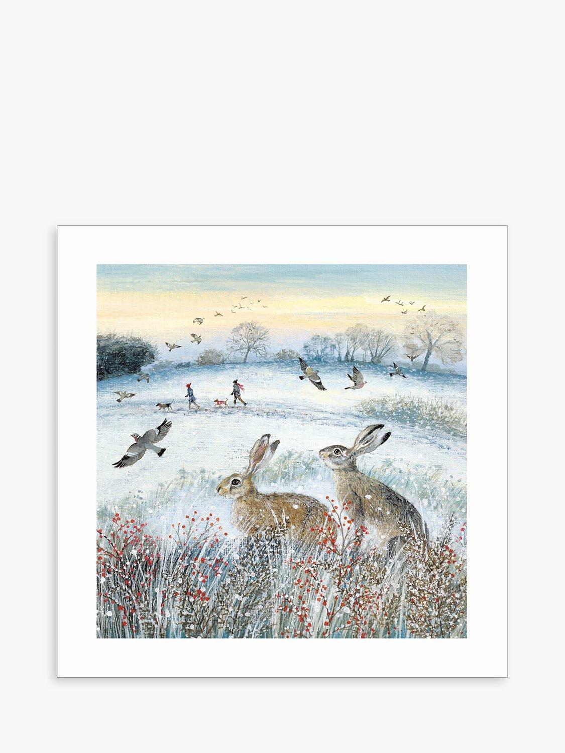 Woodmansterne Two Hares in Snowy Field Christmas Card