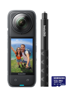 Іnѕtа360 X4 Action Camera, 8K, 72MP, 360° Recording, Bundle with Invisible Selfie Stick & 128GB Memory Card, Black