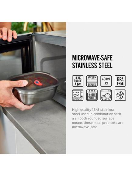 black+blum Stainless Steel Microwaveable Rectangular Lunch Boxes, Set of 3, 600ml - view 2, Silver