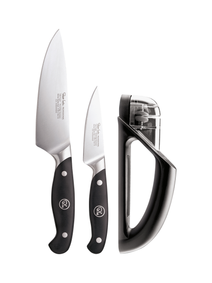 Robert Welch Professional Kitchen Knives with Handheld Knife Sharpener Set, 3 Piece, 