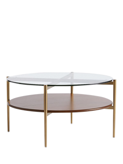 west elm Mid-Century Round Wood Art Display Coffee Table, Walnut/Antique Brass, 