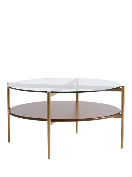 west elm Mid-Century Round Wood Art Display Coffee Table, Walnut/Antique Brass, 