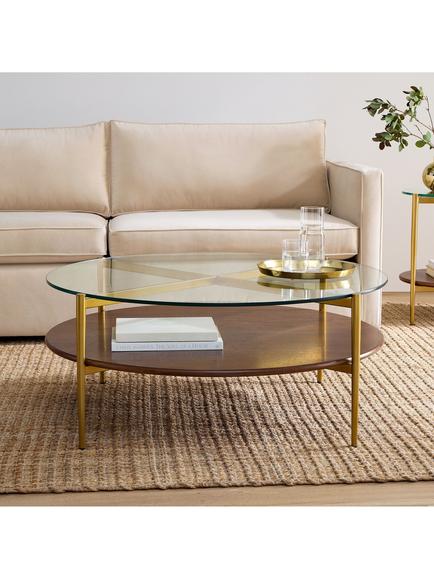 west elm Mid-Century Round Wood Art Display Coffee Table, Walnut/Antique Brass - view 2, 