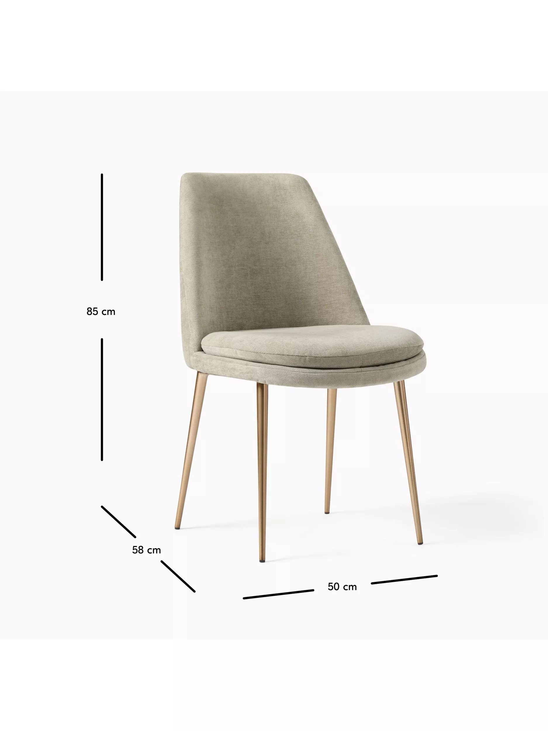 Beige upholstered chair with gold legs and dimensions