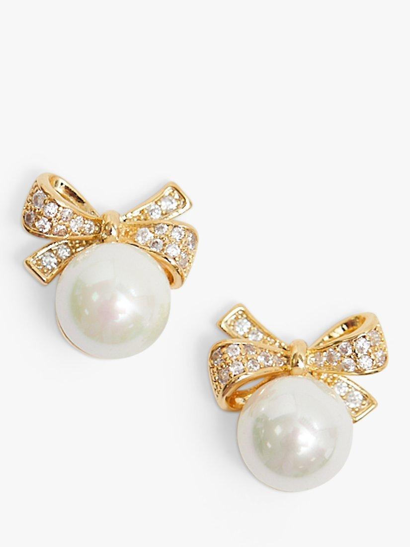 Product image 2 of 2, which shows Jon Richard Cubic Zirconia And Pearl Bow Earrings, Gold