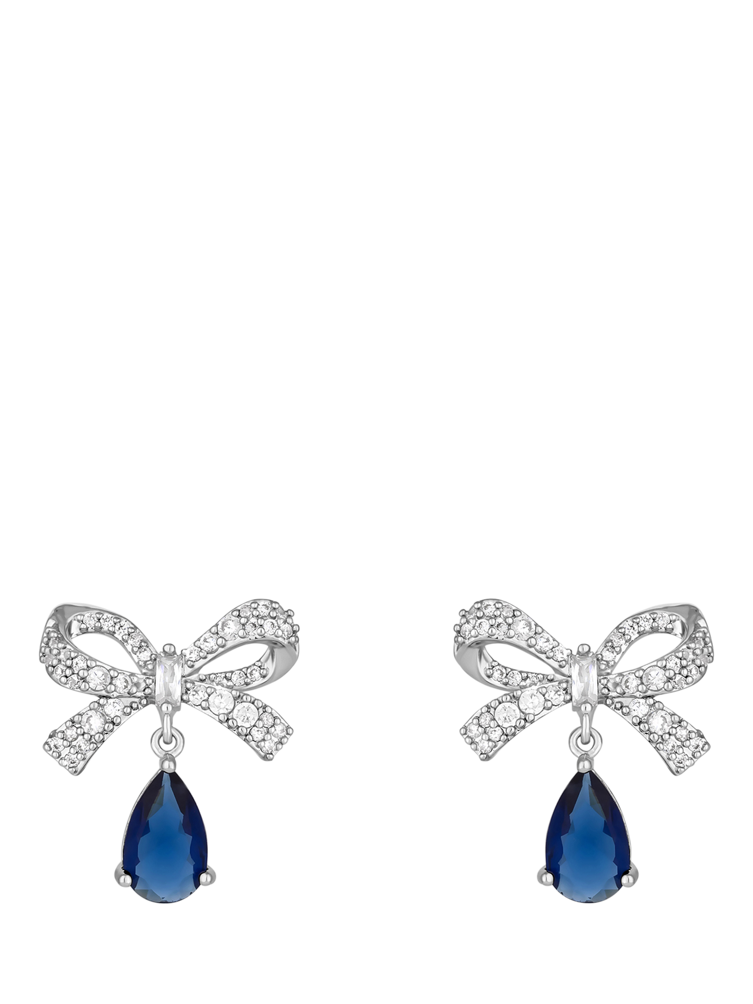 Product image 1 of 4, which shows Jon Richard Cubic Zirconia Bow & Blue Peardrop Earrings, Silver