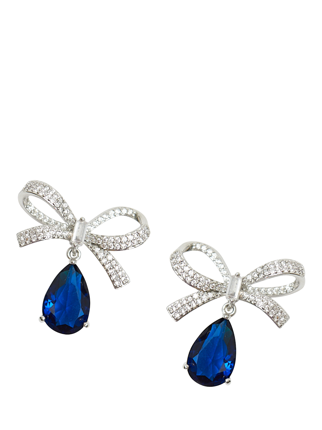 Product image 2 of 4, which shows Jon Richard Cubic Zirconia Bow & Blue Peardrop Earrings, Silver
