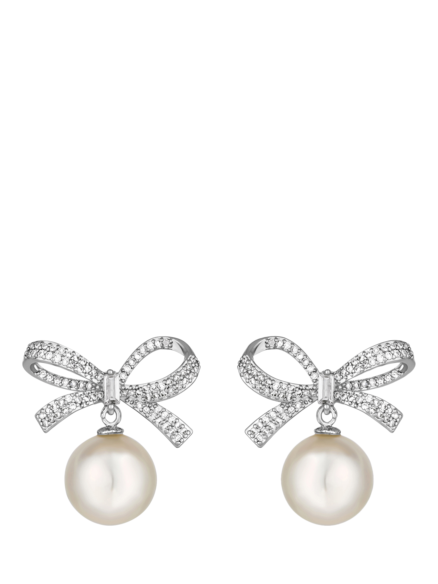 Product image 1 of 4, which shows Jon Richard Cubic Zirconia Bow & Pearl Drop Earrings, Silver
