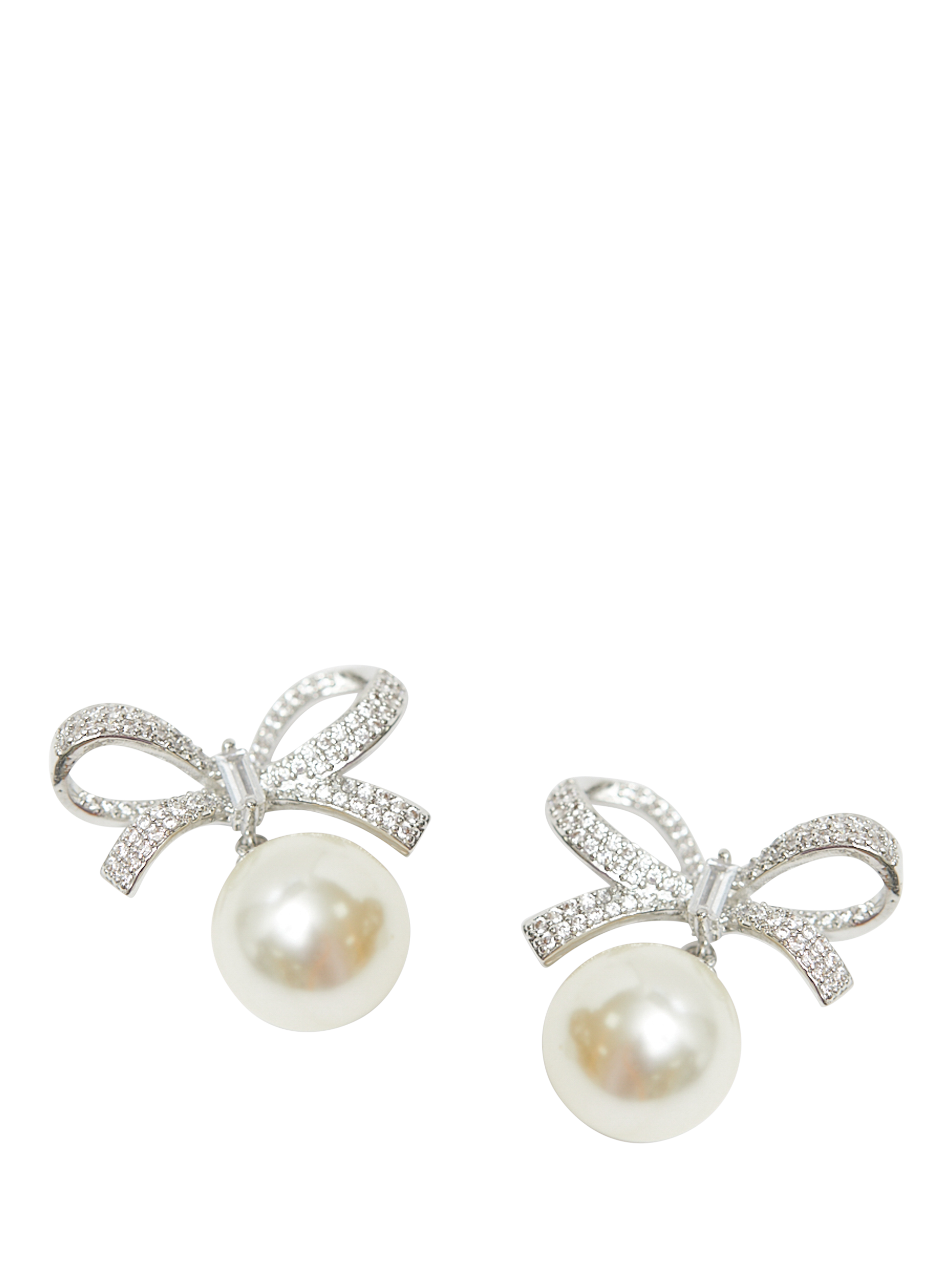 Product image 2 of 4, which shows Jon Richard Cubic Zirconia Bow & Pearl Drop Earrings, Silver