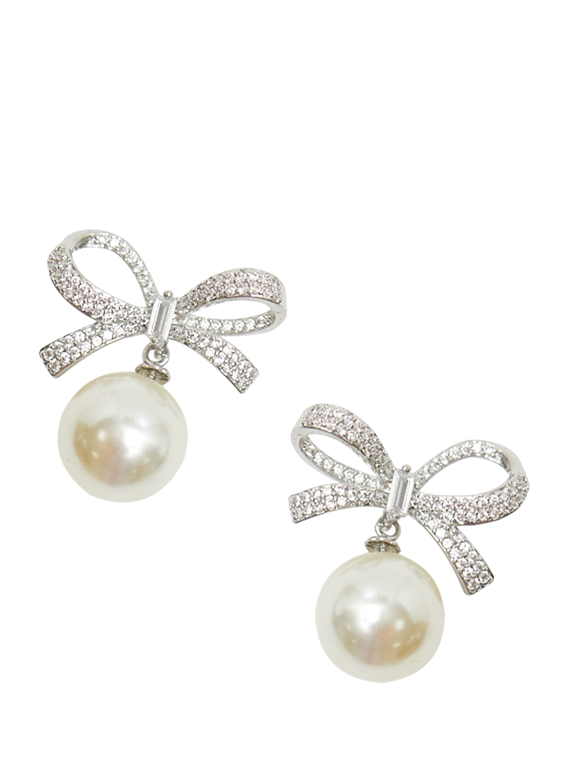 Product image 4 of 4, which shows Jon Richard Cubic Zirconia Bow & Pearl Drop Earrings, Silver