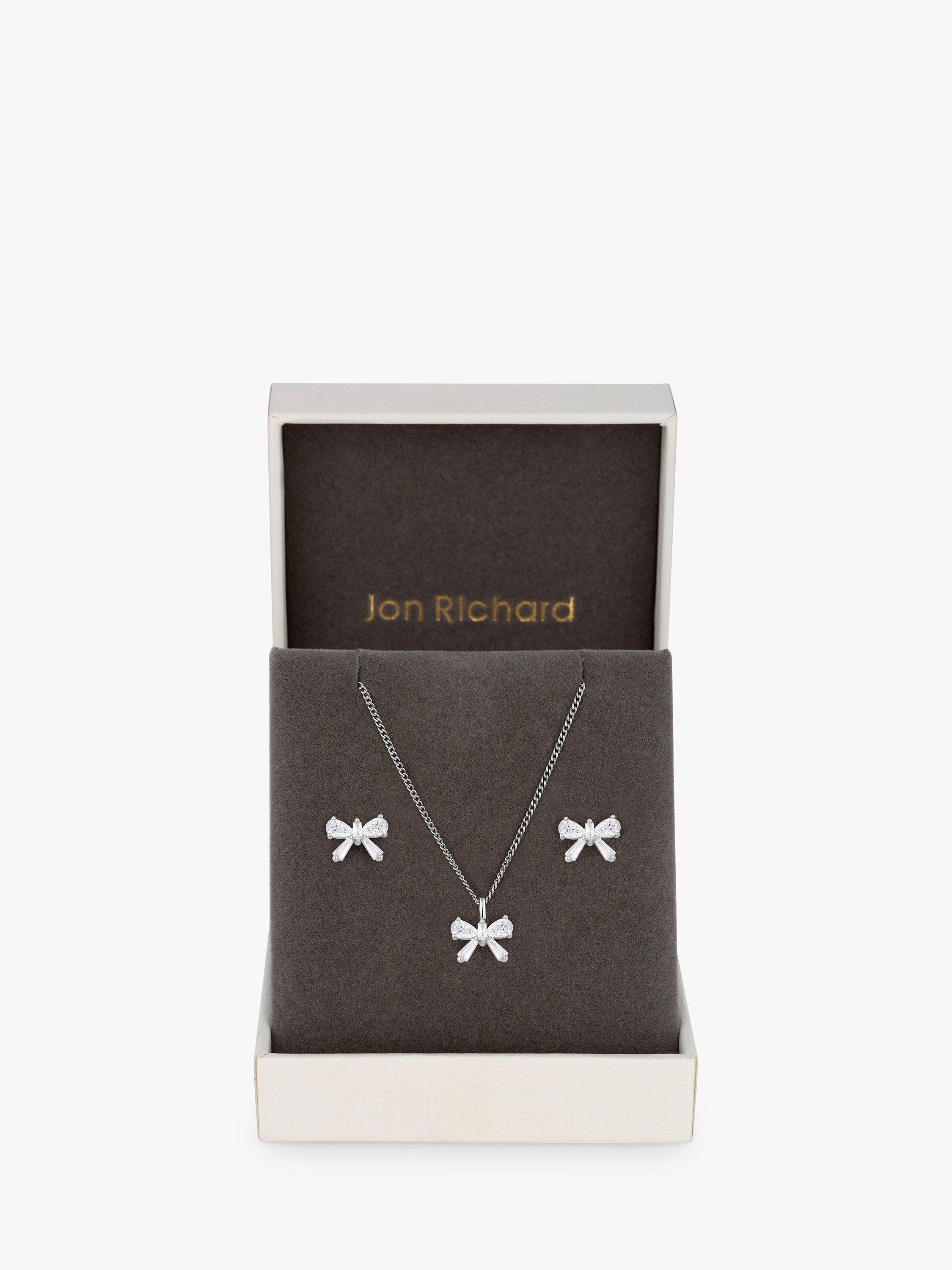 Product image 2 of 3, which shows Jon Richard Bow Pendant Necklace and Stud Earrings Set, Silver