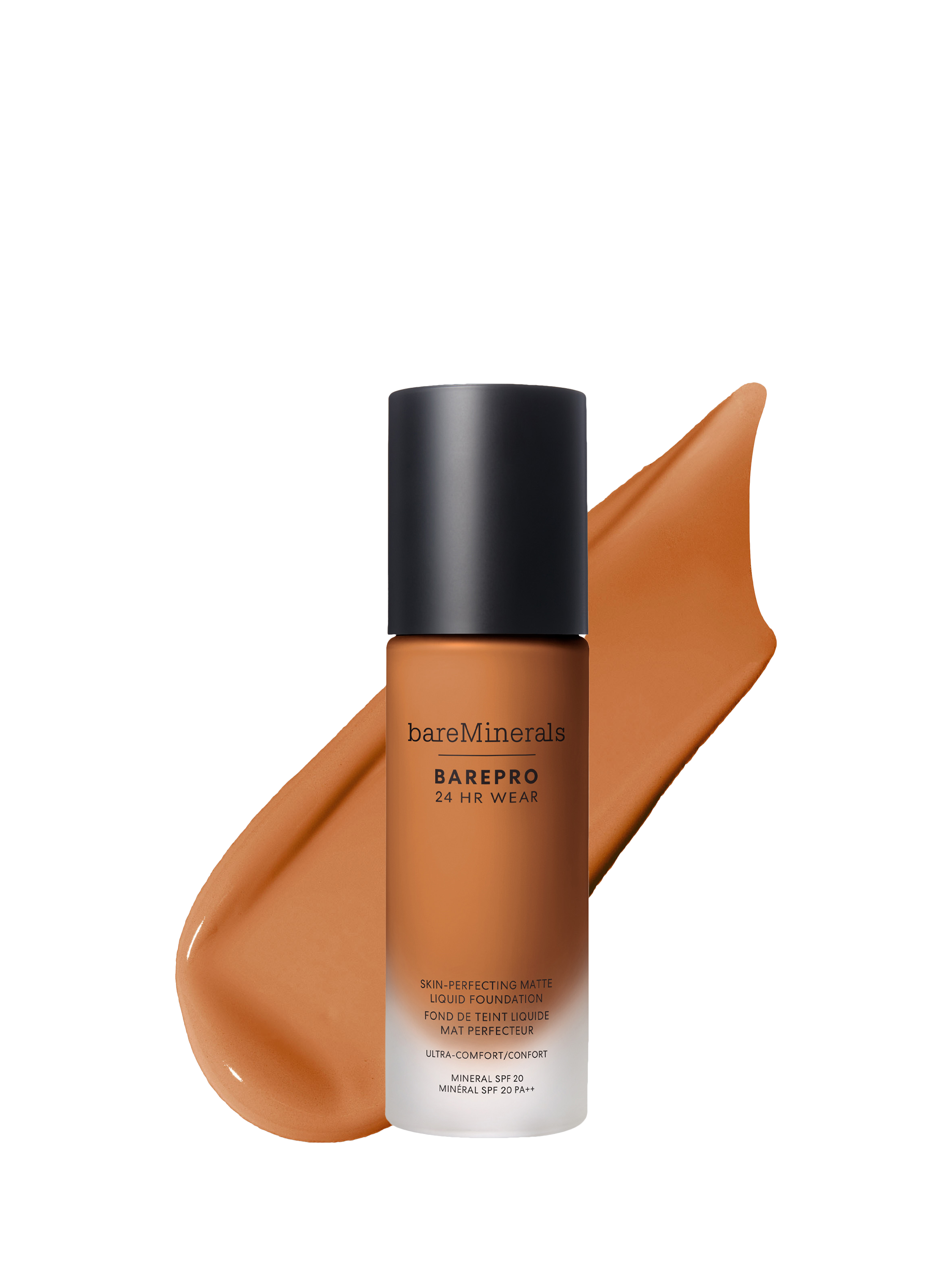 Product image 1 of 8, which shows bareMinerals BAREPRO™ 24HR Matte Comfort Liquid Foundation Mineral SPF20, Medium Deep 46 Warm