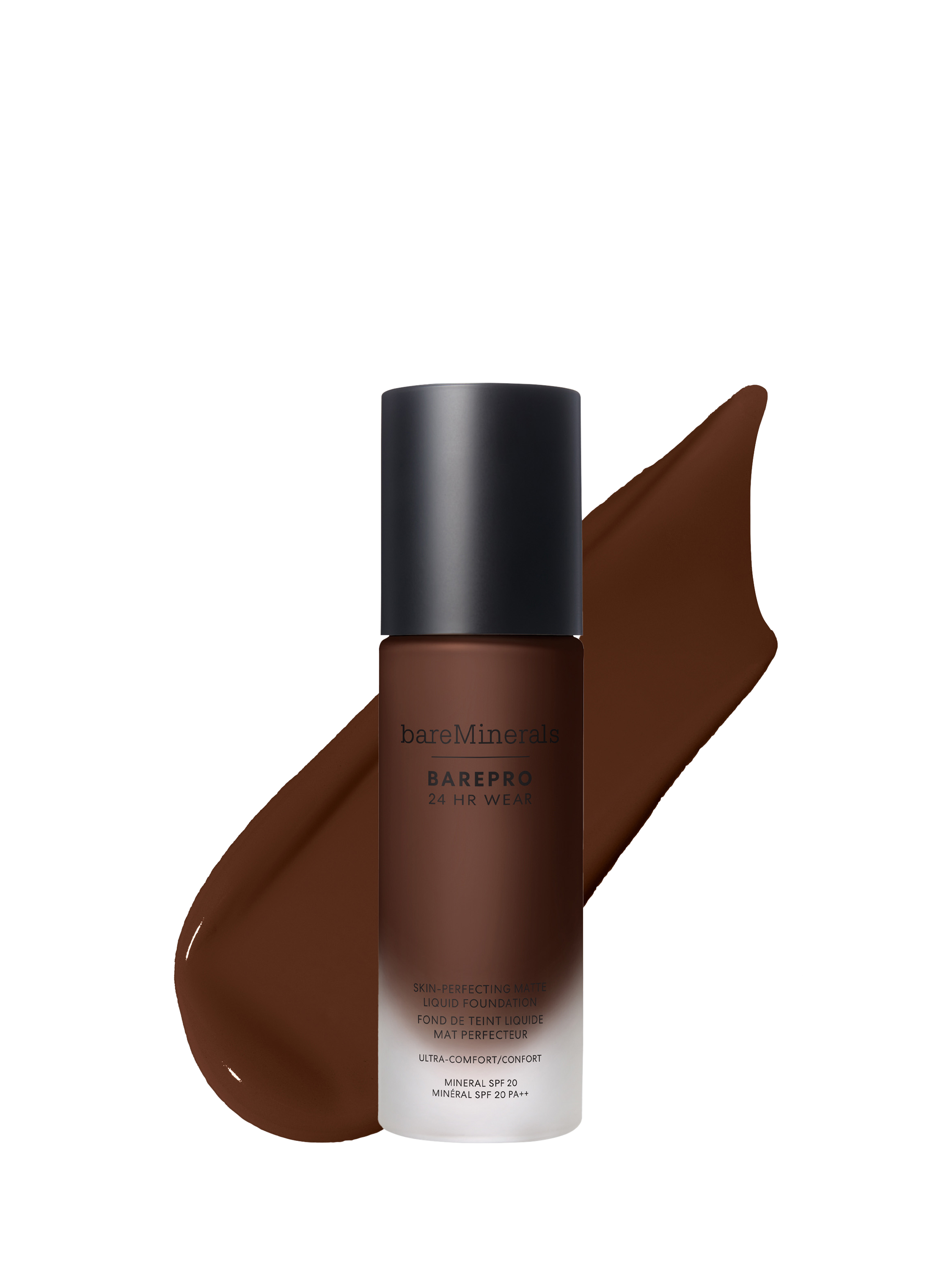 Product image 1 of 8, which shows bareMinerals BAREPRO™ 24HR Matte Comfort Liquid Foundation Mineral SPF20, Deep 65 Neutral