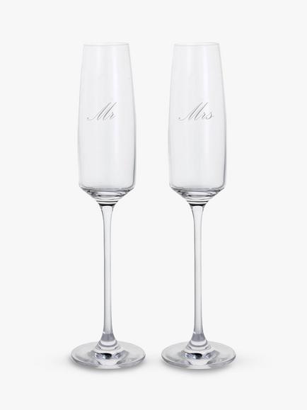 Dartington Crystal Elevate Mr & Mrs Engraved Champagne Glass Flutes, Set of 2, 170ml, Clear, Clear