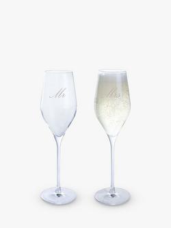 Dartington Crystal Wine & Bar Mr & Mrs Engraved Prosecco Glass Flutes, Set of 2, 260ml, Clear, Clear