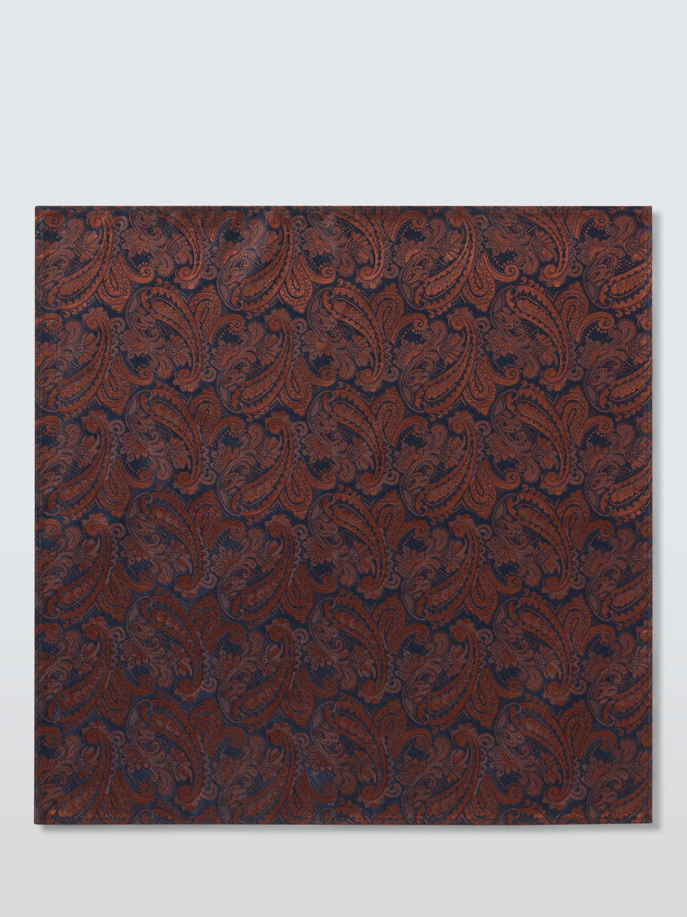 John Lewis Silk Tonal Paisley Pocket Square, Orange/Navy