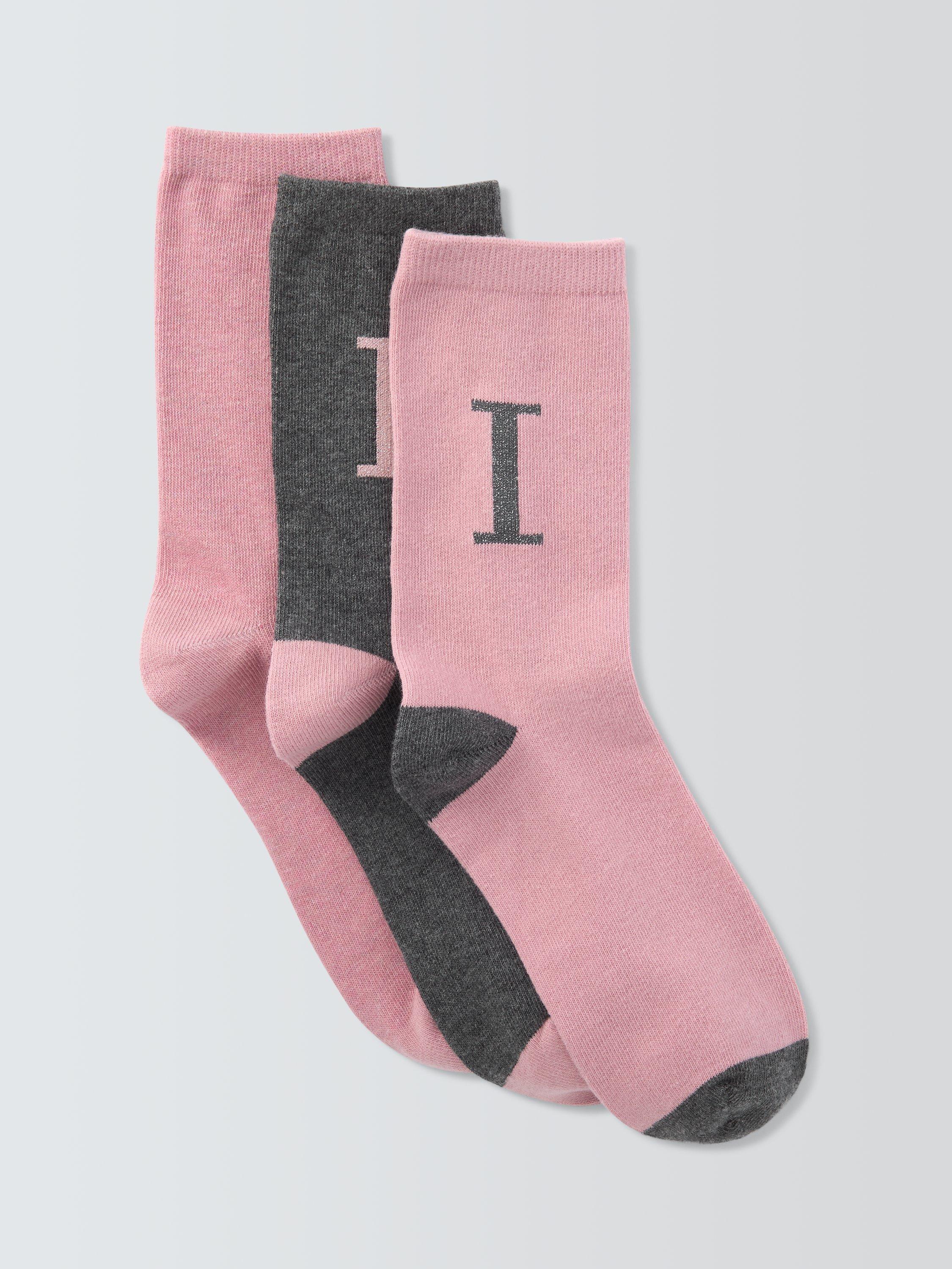 Product image 1 of 2, which shows John Lewis Christmas Alphabet Organic Cotton Mix Ankle Socks, Pack of 3, Pink/Grey, I