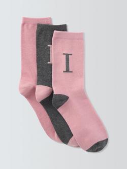 John Lewis Christmas Alphabet Organic Cotton Mix Ankle Socks, Pack of 3, Pink/Grey, Pink/Grey, I