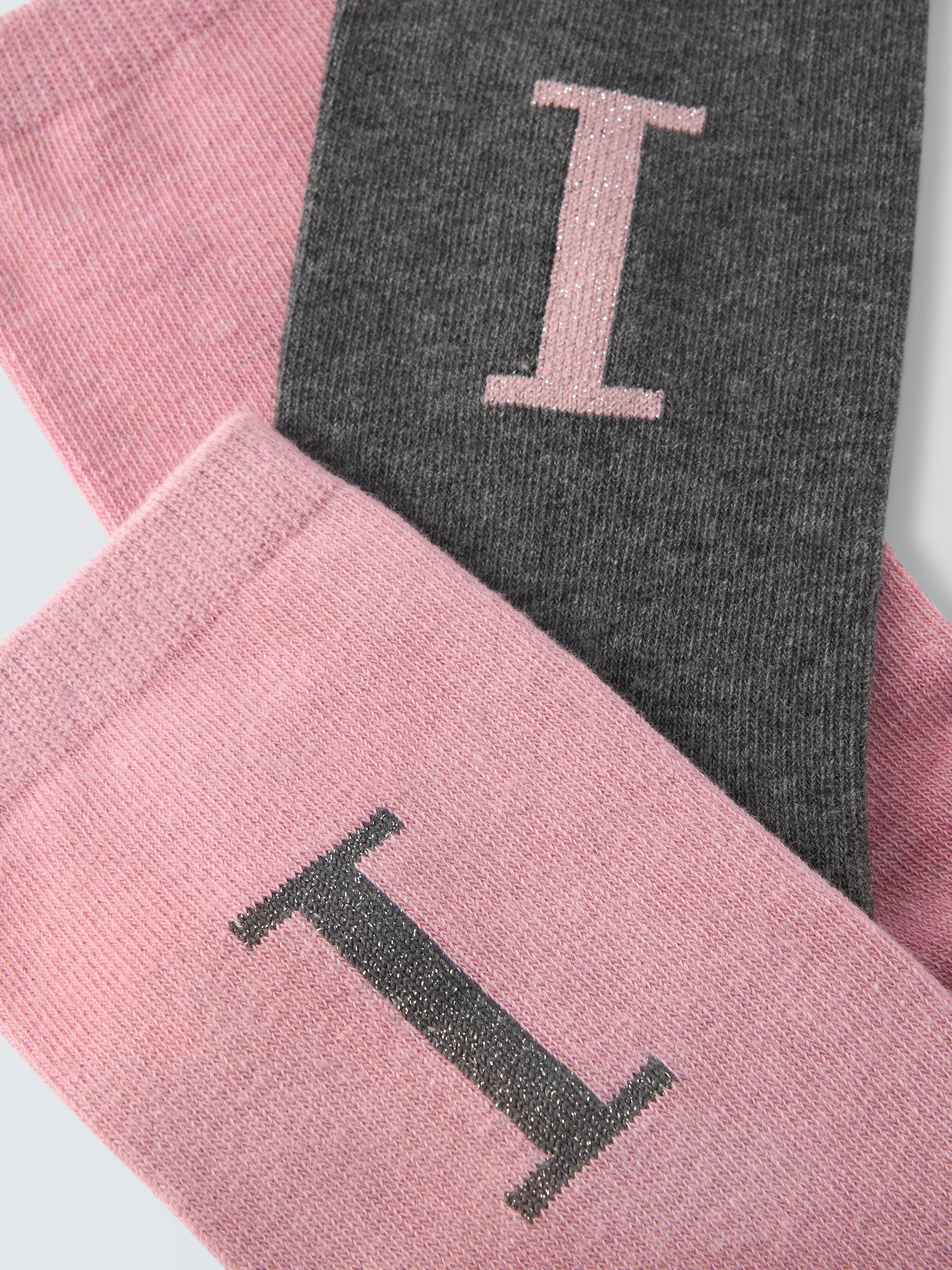 Product image 2 of 2, which shows John Lewis Christmas Alphabet Organic Cotton Mix Ankle Socks, Pack of 3, Pink/Grey, I