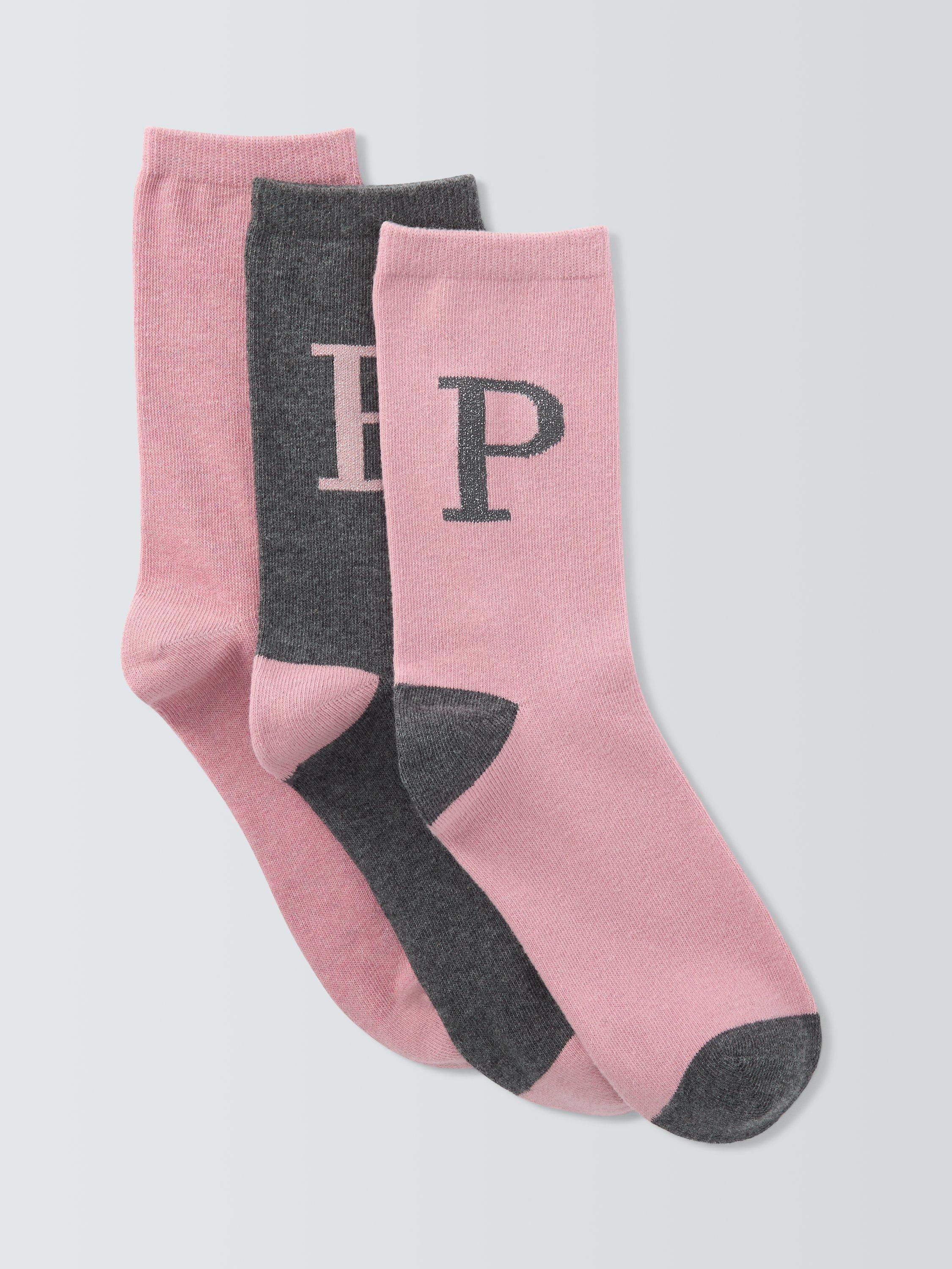 Product image 1 of 2, which shows John Lewis Christmas Alphabet Organic Cotton Mix Ankle Socks, Pack of 3, Pink/Grey, P