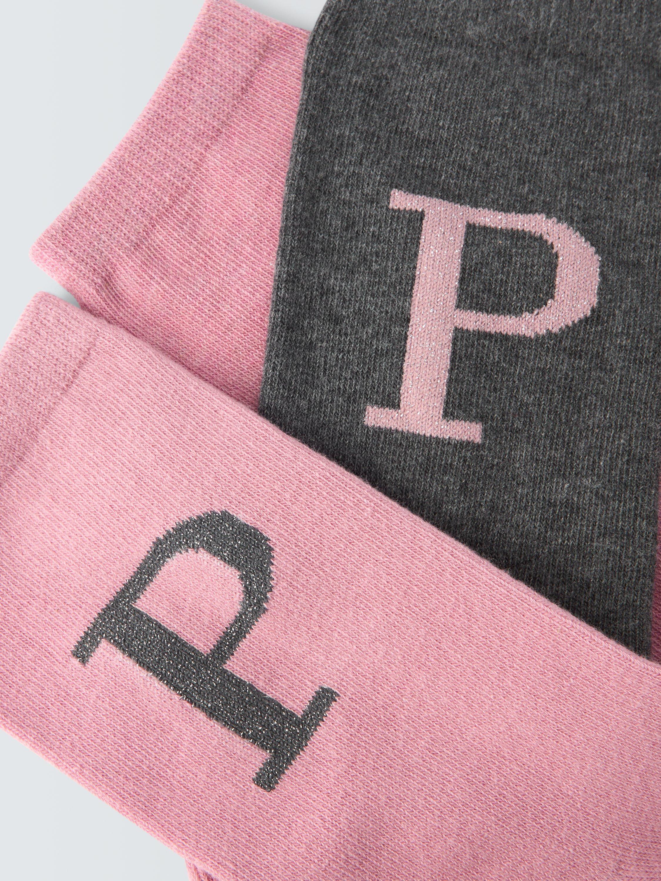 Product image 2 of 2, which shows John Lewis Christmas Alphabet Organic Cotton Mix Ankle Socks, Pack of 3, Pink/Grey, P