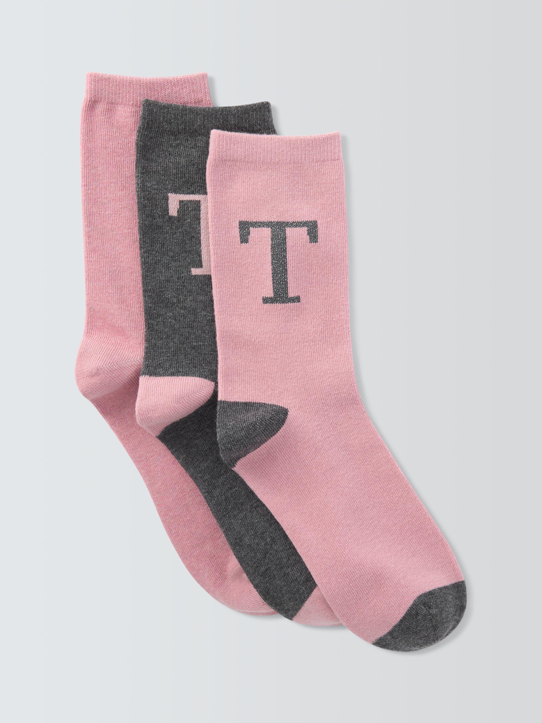 Product image 1 of 2, which shows John Lewis Christmas Alphabet Organic Cotton Mix Ankle Socks, Pack of 3, Pink/Grey, T