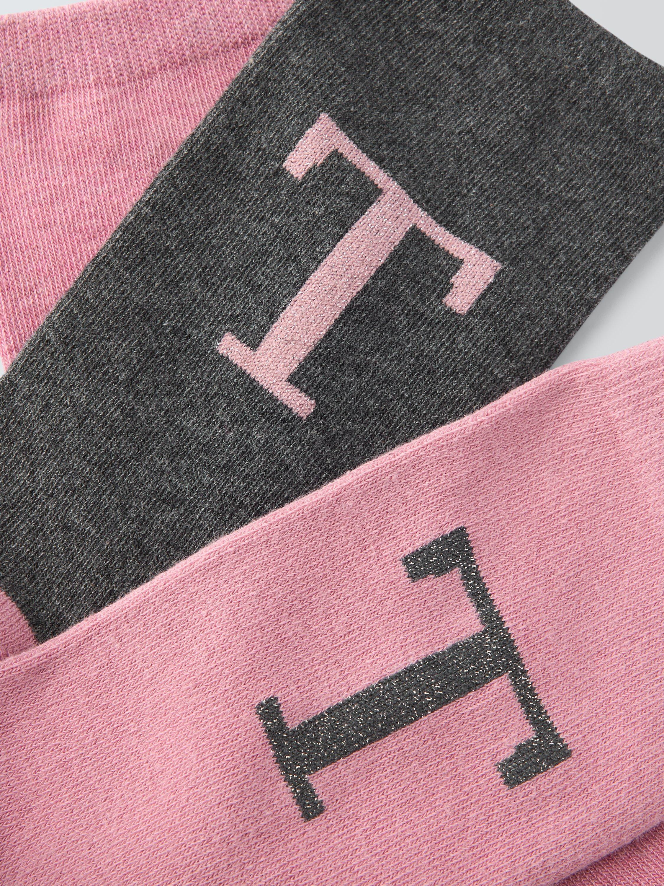 Product image 2 of 2, which shows John Lewis Christmas Alphabet Organic Cotton Mix Ankle Socks, Pack of 3, Pink/Grey, T