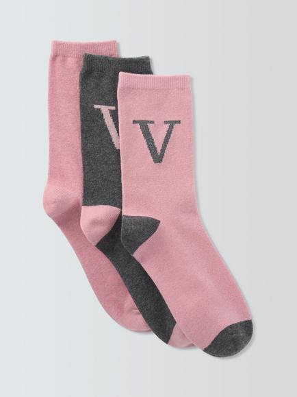 John Lewis Christmas Alphabet Organic Cotton Mix Ankle Socks, Pack of 3, Pink/Grey, Pink/Grey, V