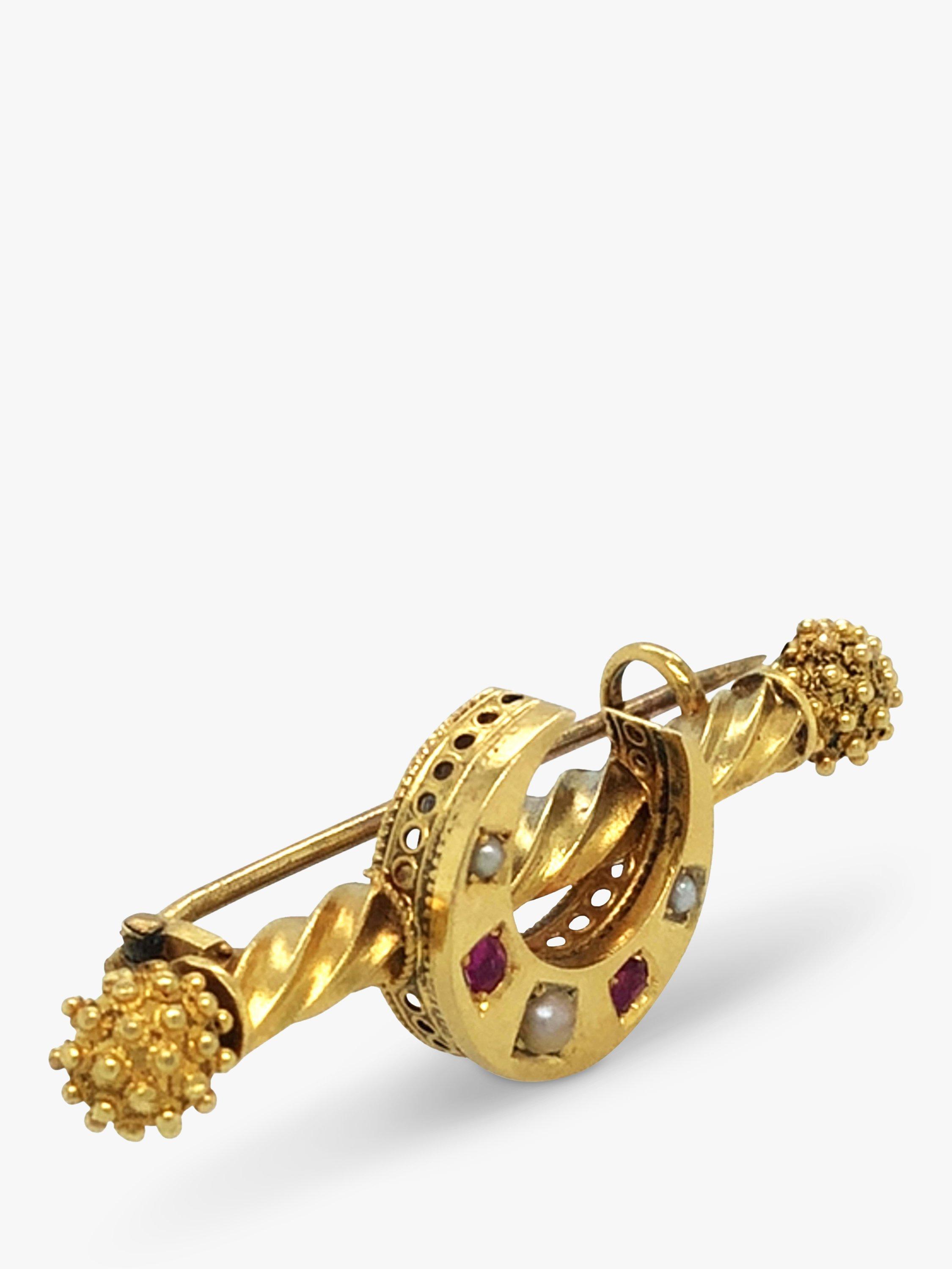 Product image 2 of 5, which shows Vintage Fine Jewellery Pre-Loved 15ct Yellow Gold Pearl and Ruby Twist Bar Brooch, Dated 1900
