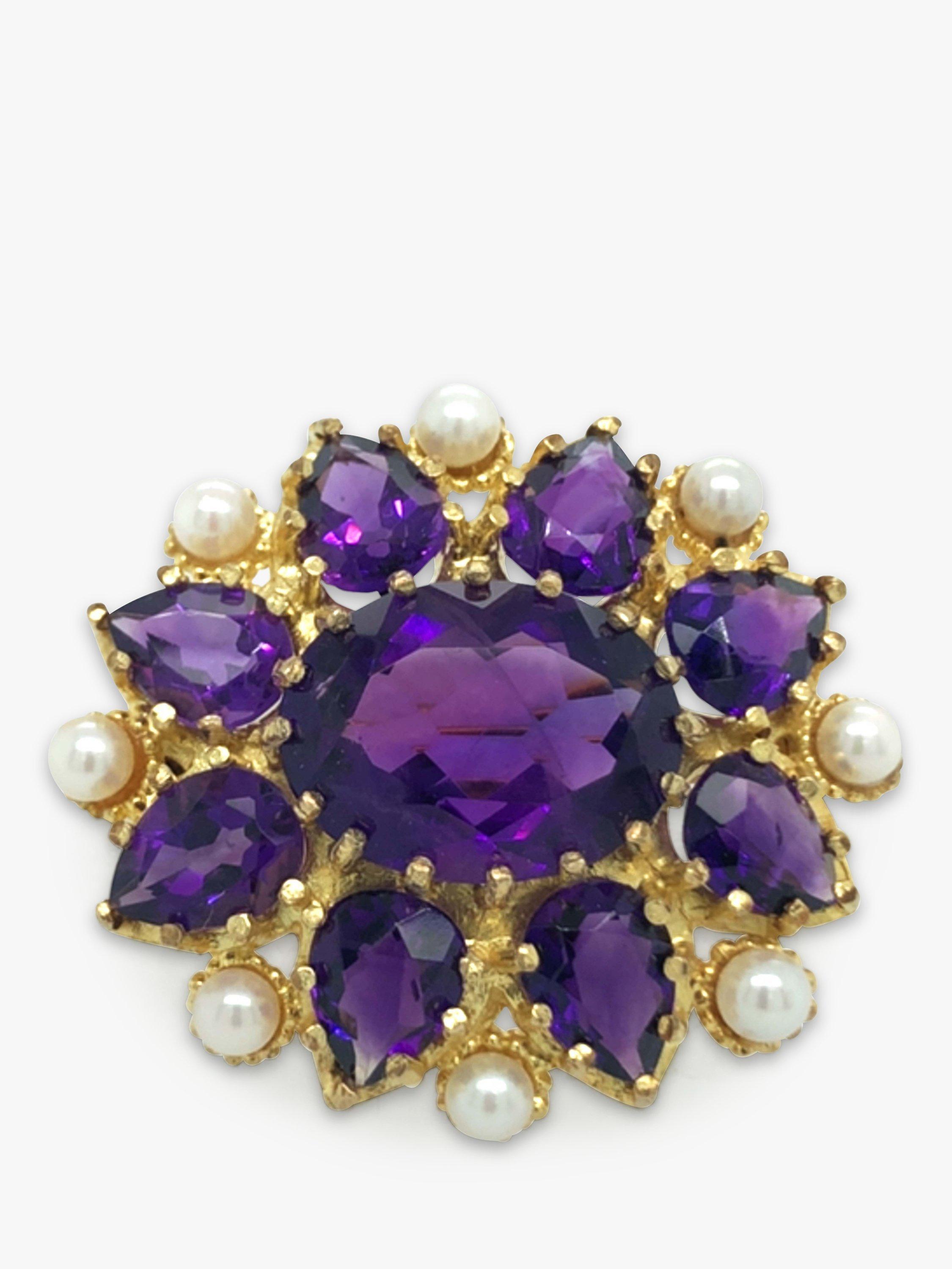 Product image 1 of 5, which shows Vintage Fine Jewellery Pre-Loved 9ct Yellow Gold Amethyst and Pearl Brooch, Dated 1980s