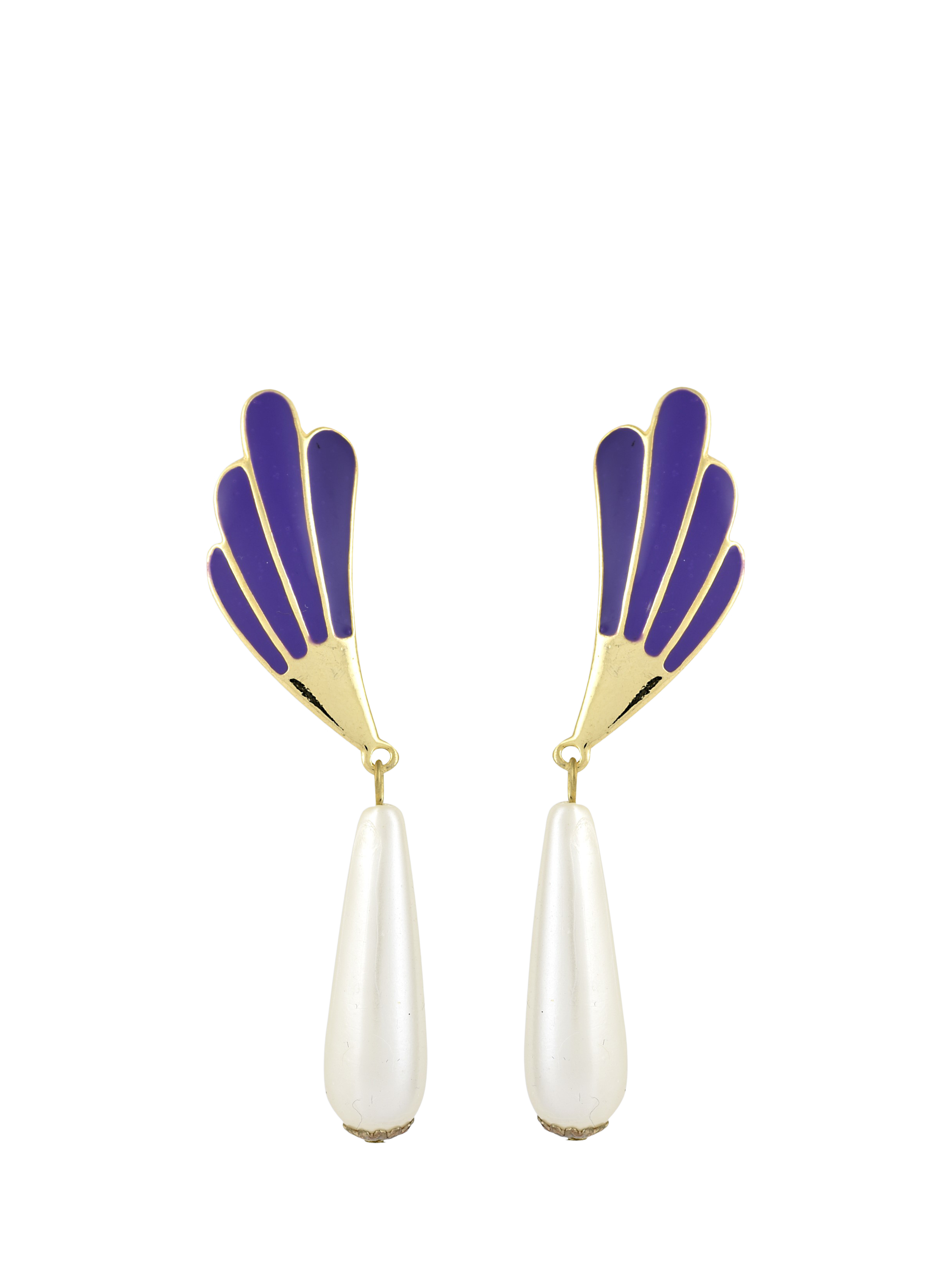 Product image 1 of 2, which shows Eclectica Pre-Loved Found Collection Fan Enamel & Faux Pearl Drop Clip-On Earrings, Dated Circa 1980s, Purple
