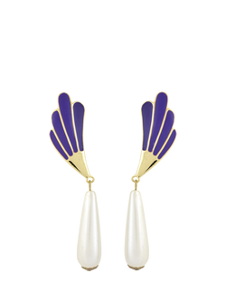 Eclectica Pre-Loved Found Collection Fan Enamel & Faux Pearl Drop Clip-On Earrings, Dated Circa 1980s, Purple