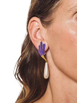 Eclectica Pre-Loved Found Collection Fan Enamel & Faux Pearl Drop Clip-On Earrings, Dated Circa 1980s - view 2, Purple