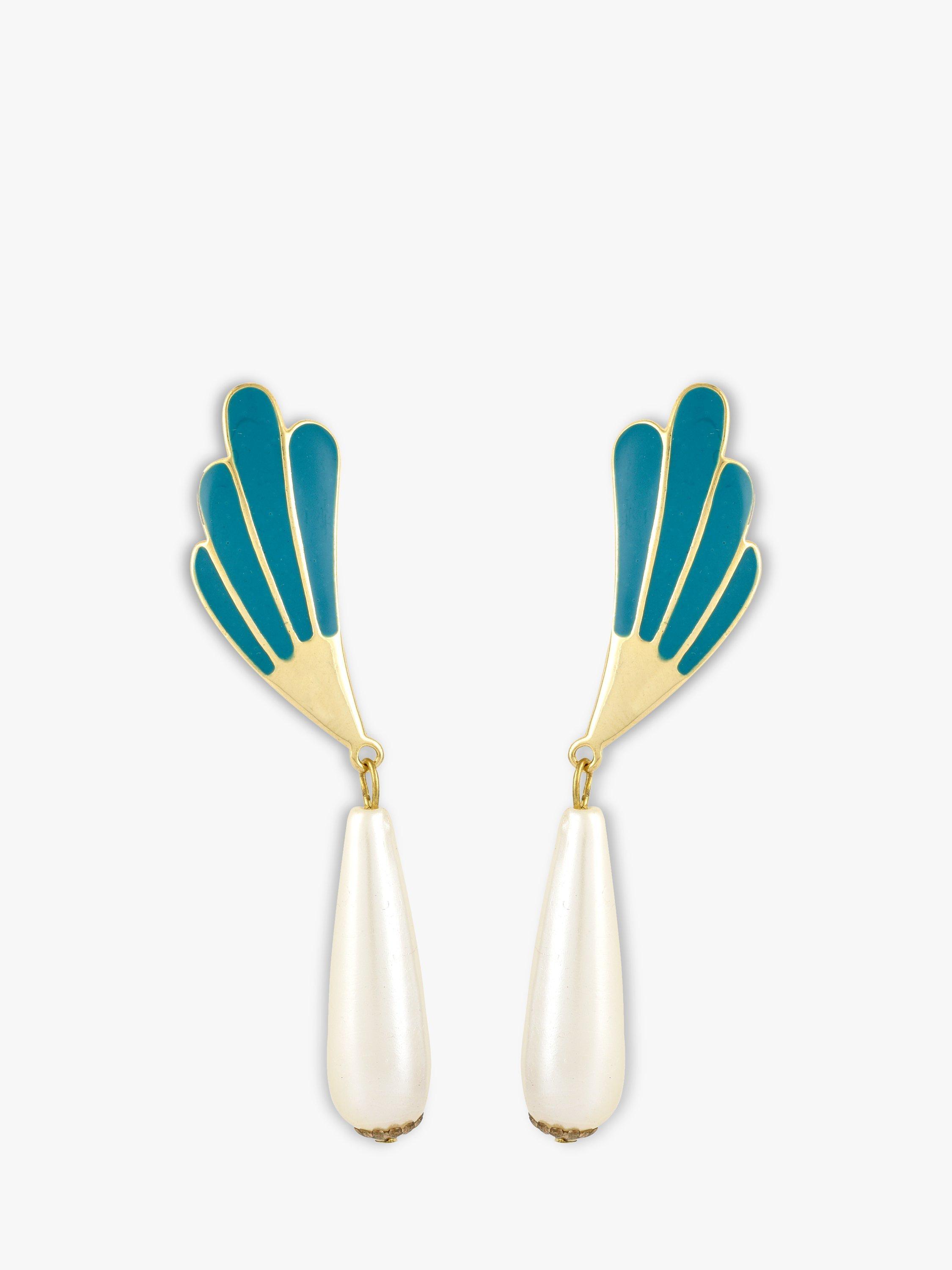 Product image 1 of 1, which shows Eclectica Pre-Loved Found Collection Fan Enamel & Faux Pearl Drop Clip-On Earrings, Dated Circa 1980s, Turquoise