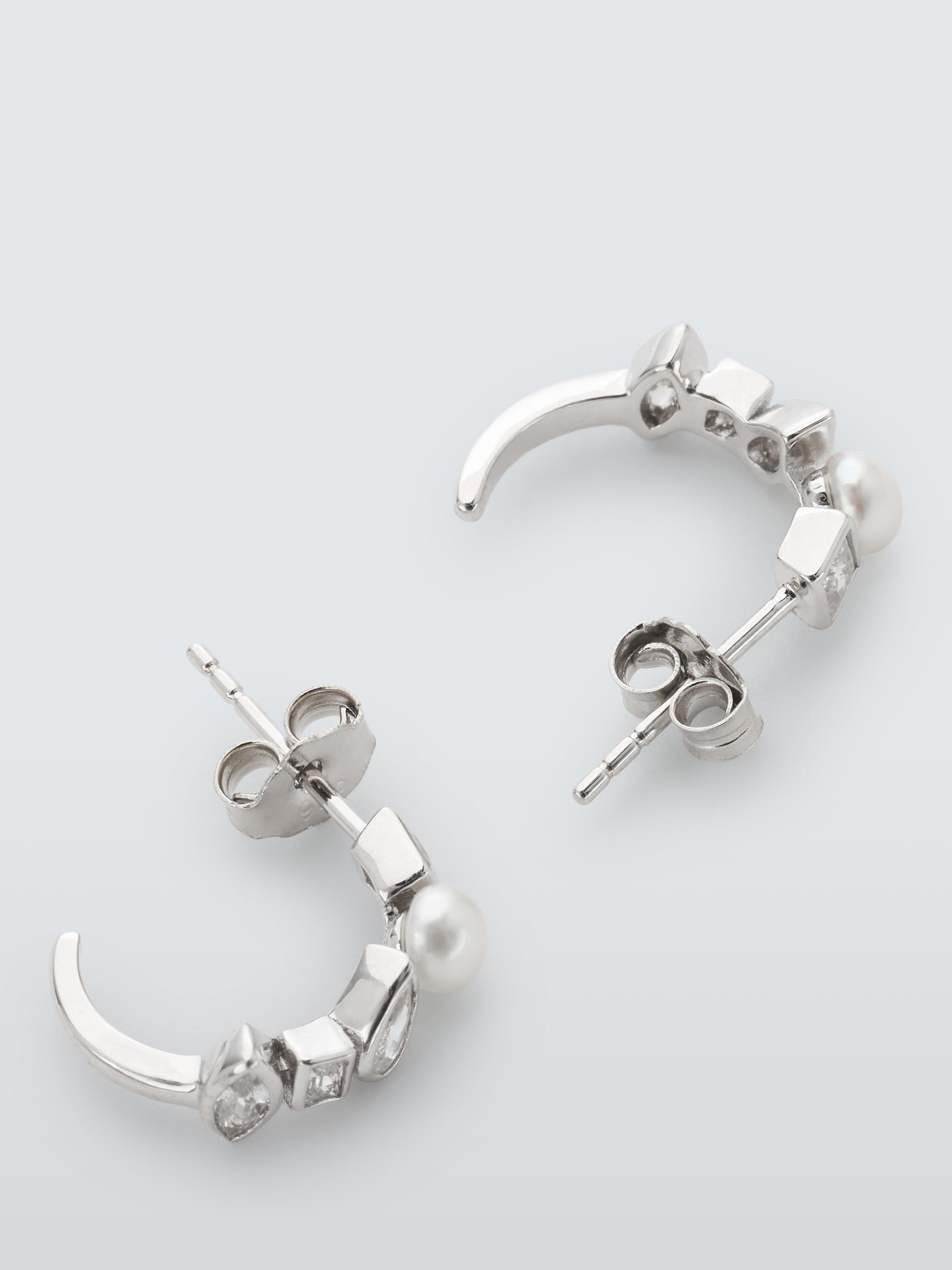 Product image 2 of 5, which shows Lido Mixed Shape Cubic Zirconia and Freshwater Pearl Demi-Hoop Earrings, Silver