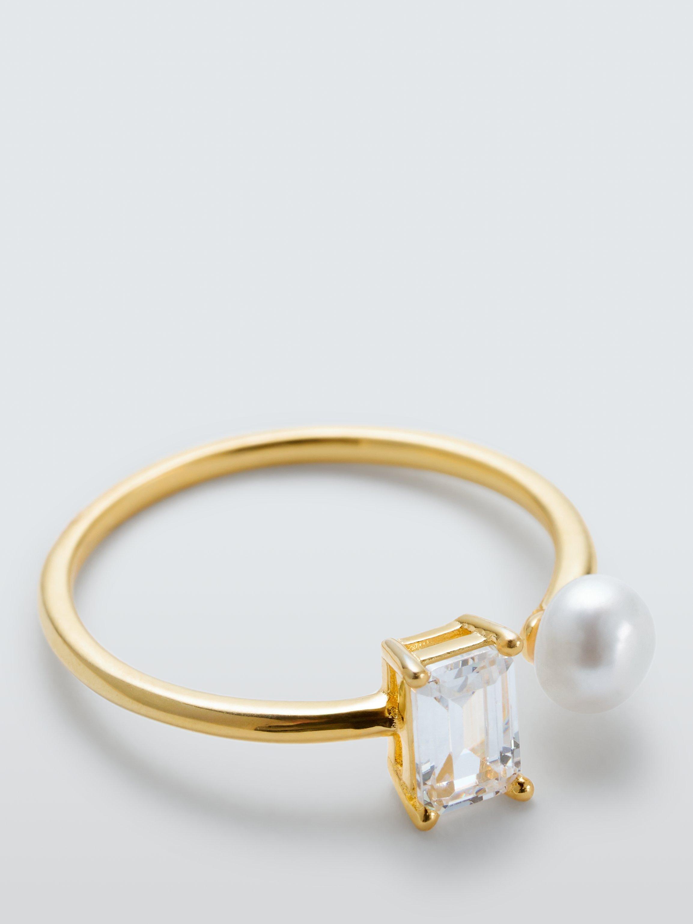 Product image 1 of 5, which shows Lido Freshwater Pearl and Baguette Cubic Zirconia Adjustable Ring, Gold