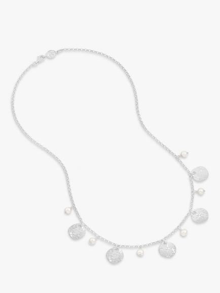 Dower & Hall Freshwater Pearl & Hammered Disc Necklace, Silver