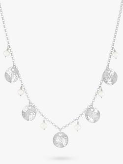 Dower & Hall Freshwater Pearl & Hammered Disc Necklace - view 2, Silver