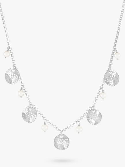 Dower & Hall Freshwater Pearl & Hammered Disc Necklace - view 2, Silver
