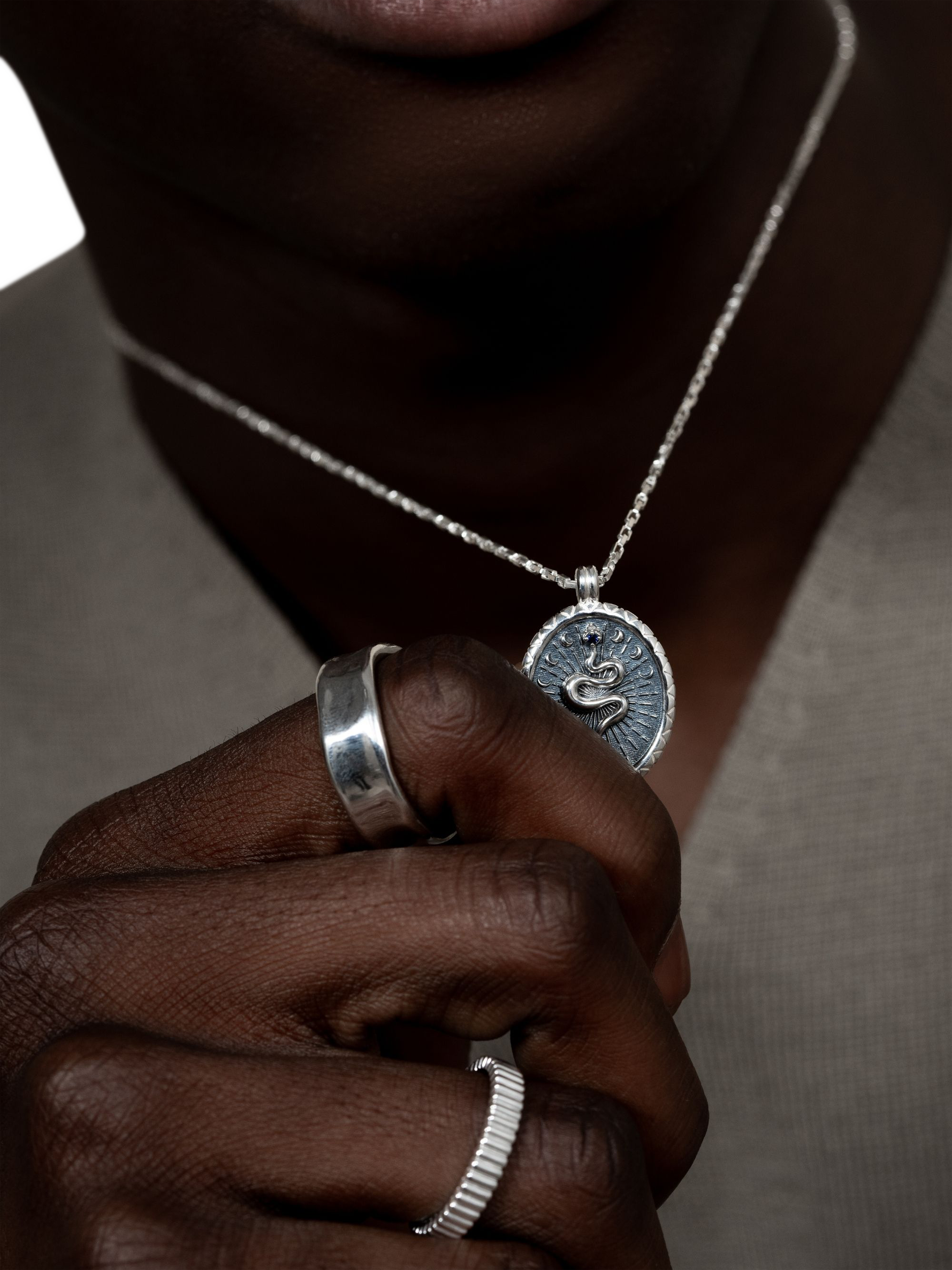 Product image 3 of 4, which shows Dower & Hall Men's Snake Talisman Pendant Necklace, Silver