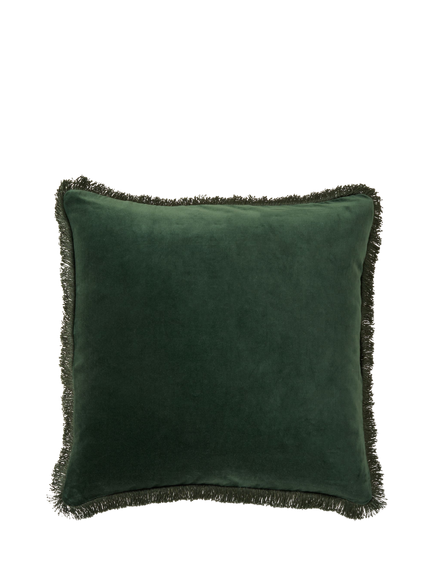 Truly Fringed Square Velvet Cushion, Emerald Green